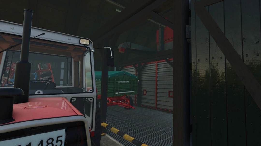 FS25 Hessian Farm mod showing a tractor in a barn with agricultural equipment.