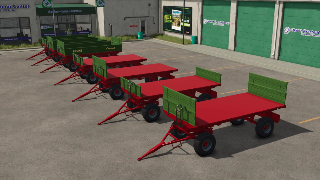 FS25 Krone Emsland trailers in red and green at a tractor center parking lot.