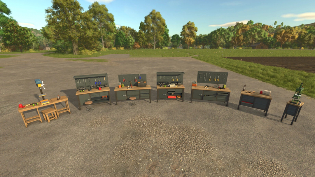 Movable Shelf And Bench Pack v1.0.0.0 in Farming Simulator 25, featuring multiple workbenches and tools on a rural backdrop.