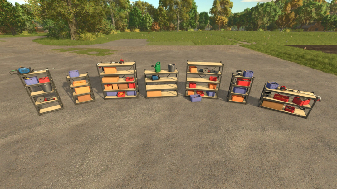 Farming Simulator 25 Movable Shelf And Bench Pack v1.0.0.0 mod with various tools and storage units.