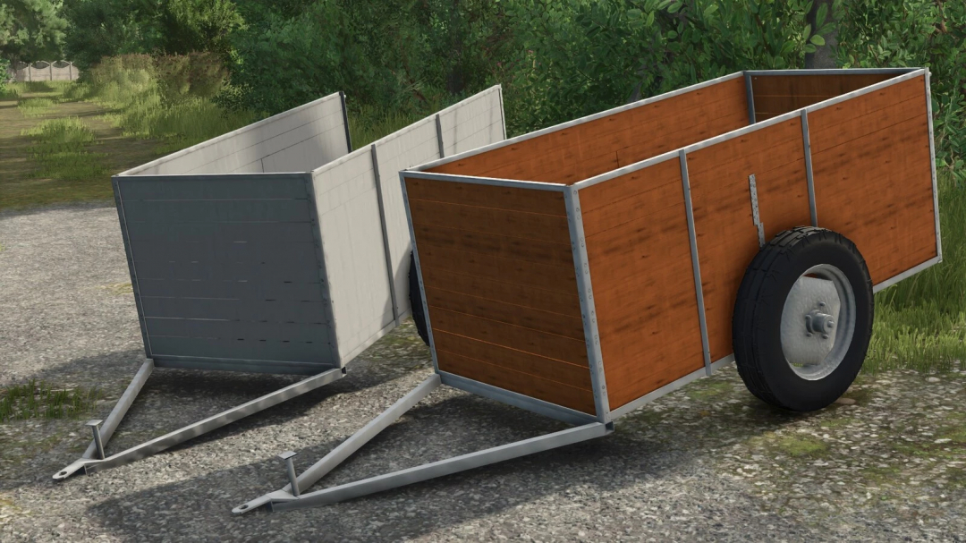 Self Made Trailer mod for Farming Simulator 25 showing two open trailers, one brown and one gray, on a gravel path.
