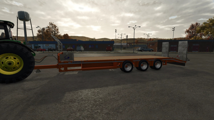 fs25-mods, Farming Simulator 25 mod: Chieftain 32ft Lowloader trailer attached to a tractor, used for transporting heavy equipment in FS25.