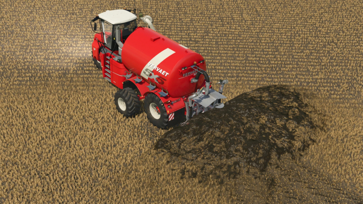fs25-mods,  Farming Simulator 25: Red Vervaet slurry tanker with detailed piping and wheels in a wheat field, part of FS25 mods, Farming Simulator 25 mods.