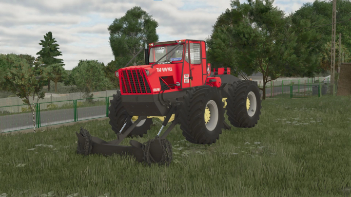 fs25-mods,  TAF 690 PES mod for FS25 in a grassy field, showcasing a robust red forestry vehicle.