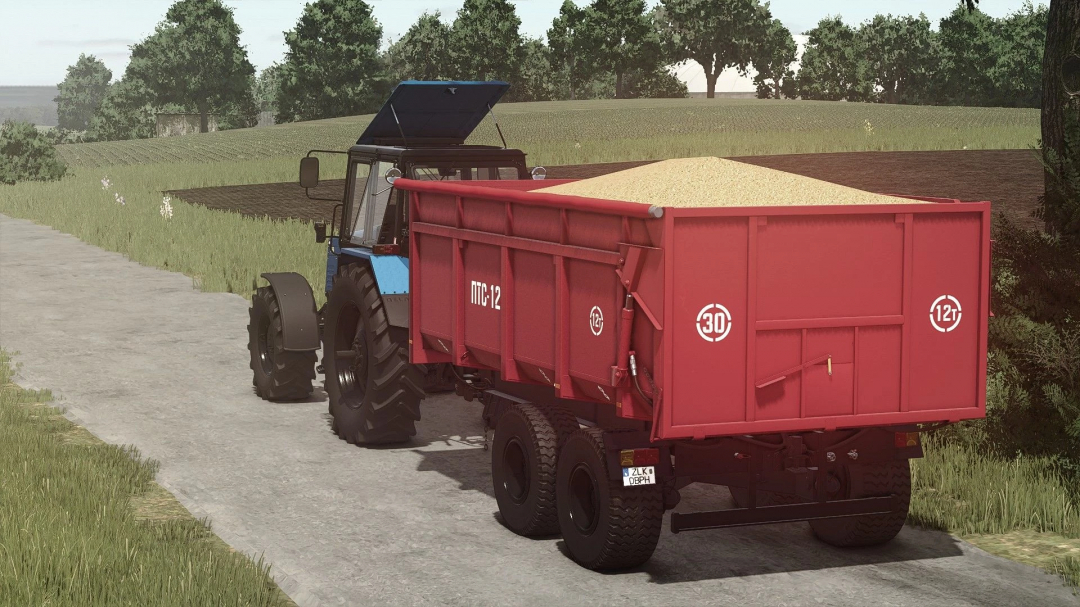 FS25 mod 2PTS-11 SARMAT Edit v1.0.0.0 showing a tractor pulling a red grain trailer on a farm road.