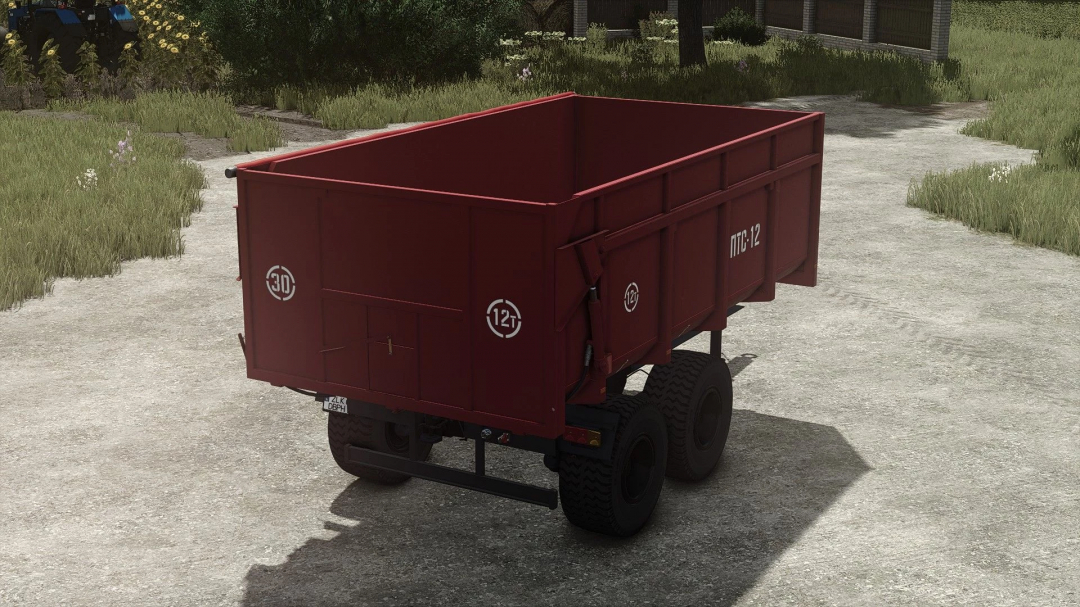 2PTS-11 SARMAT Edit trailer mod in FS25, showcasing a red agricultural trailer in a rural setting.