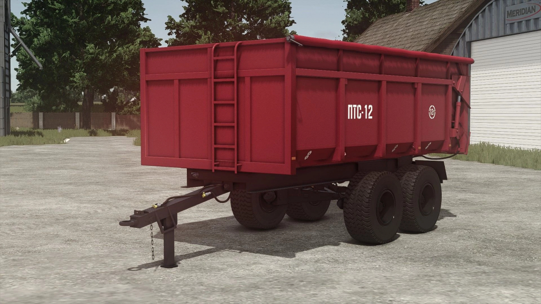 Red 2PTS-11 SARMAT trailer mod for Farming Simulator 25, featuring dual wheels and a hitch.