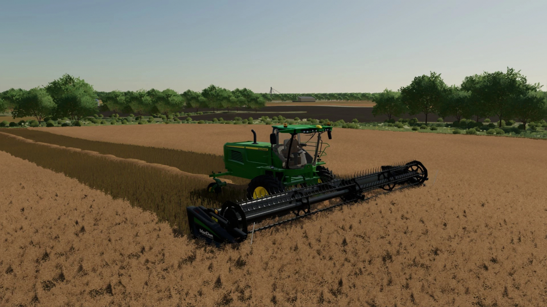 FS22 John Deere W260 with Macdon Swather cutting crops in a field, showcasing Farming Simulator 22 mods.