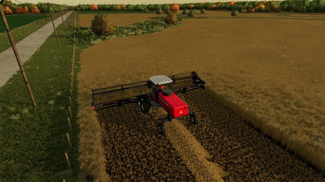 FS22 John Deere W260 with Macdon Swather cutting a field in Farming Simulator 22 mod.