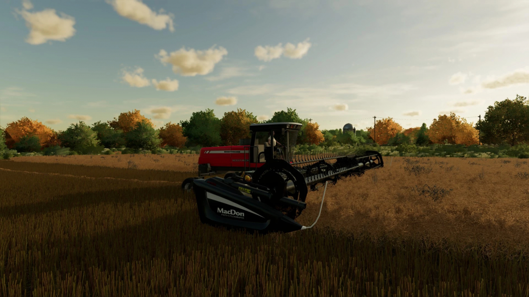 FS22 John Deere W260 with MacDon swather heads in a field, showcasing farming gameplay. FS22 mods enhance your Farming Simulator 22 experience.
