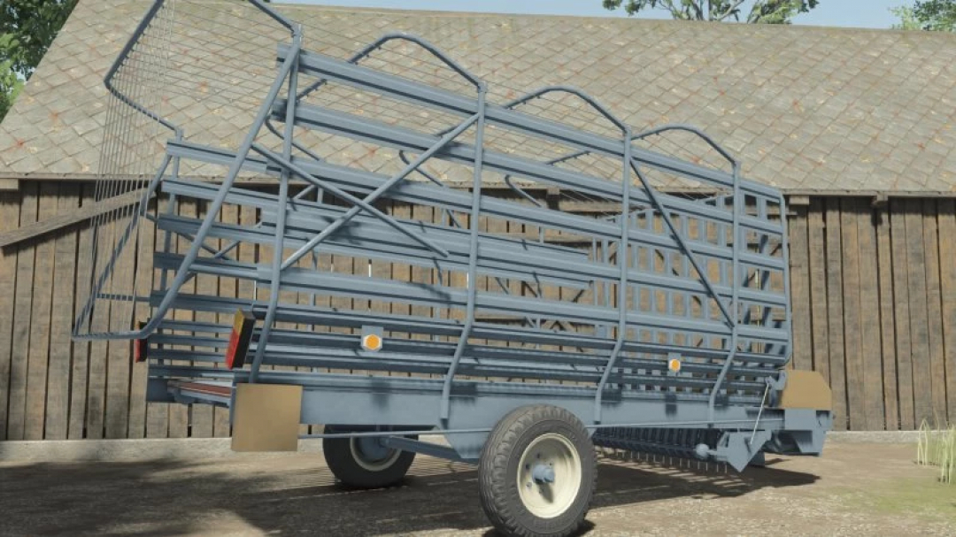 FS25 Agromet Opalenica T050/1 mod for Farming Simulator 25 showing a metal agricultural trailer.