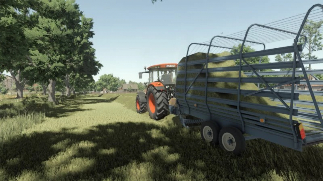 FS25 mod showing a tractor pulling an Agromet Opalenica T050/1 trailer loaded with hay in Farming Simulator 25.
