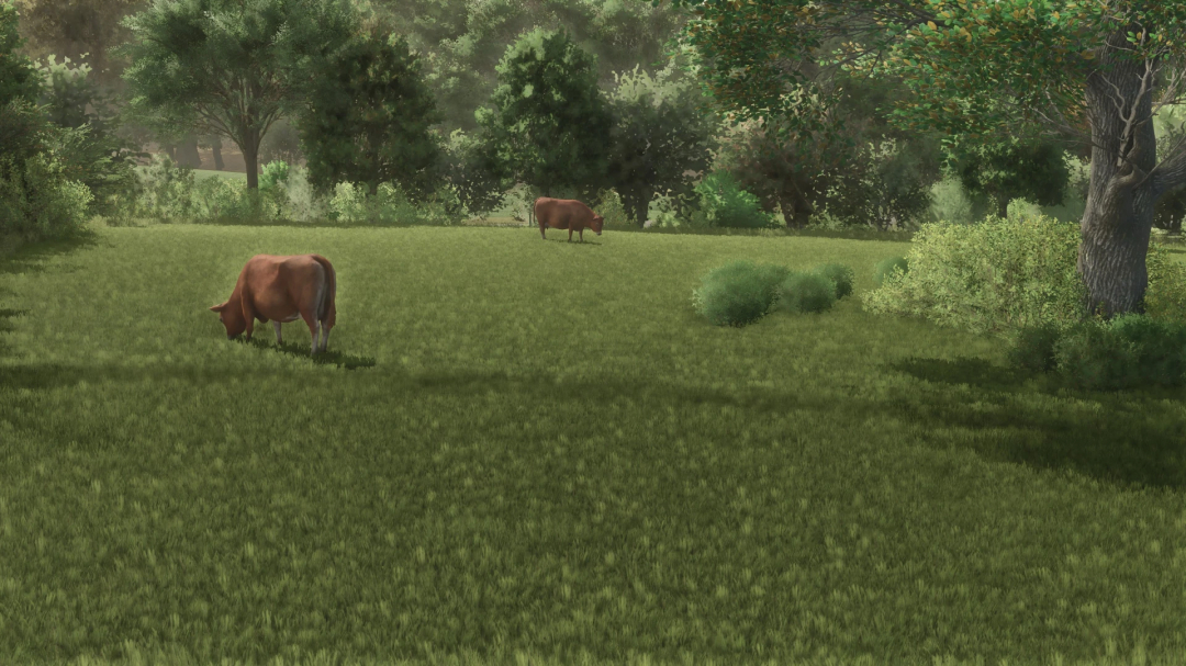 Farming Simulator 25 mod screenshot featuring open pastures with cows grazing in a lush green field and trees in the background.