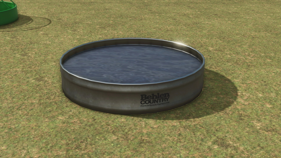 Farming Simulator 25 mod featuring a Behlen County farm water trough with water.