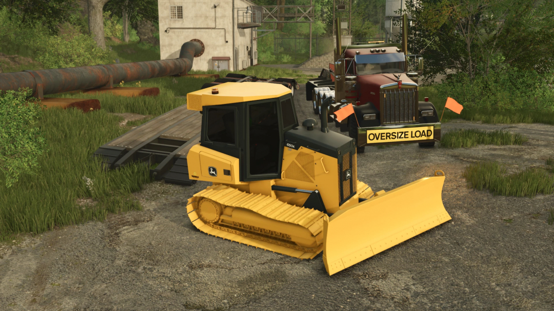 John Deere 650K mod in Farming Simulator 25, shown with construction equipment and an oversized load truck.