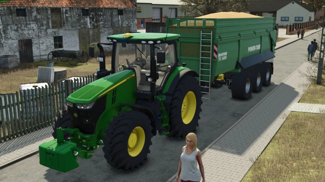 FS25 mod John Deere 7R 2014 v1.0.0.1 tractor with trailer in Farming Simulator 25.
