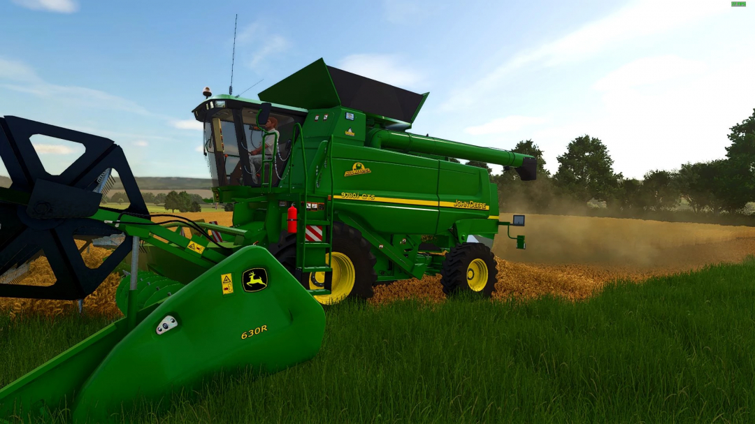 Farming Simulator 25 mod: John Deere 9780 CTS harvesting wheat in a field with a green harvester and tractor, realistic farm scene.