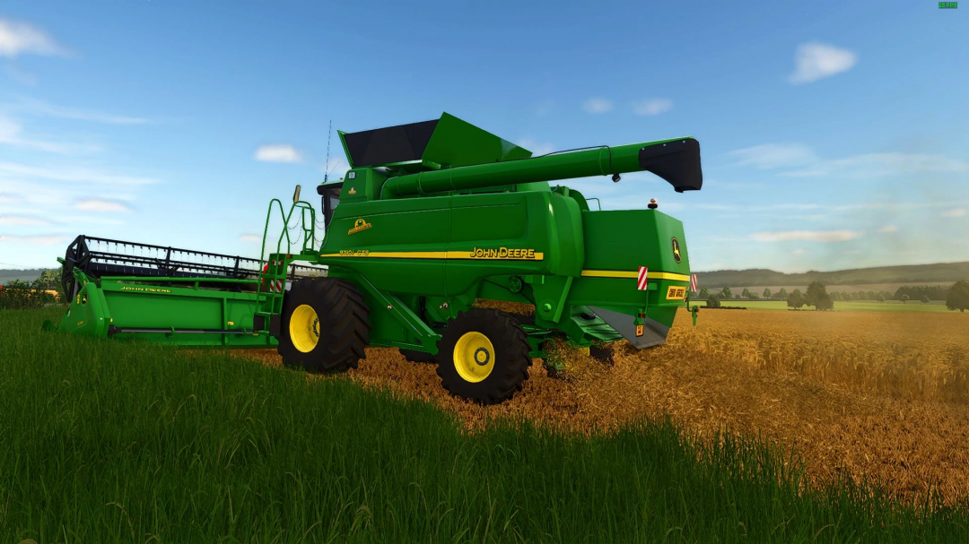 Farming Simulator 25 mod: John Deere 9780 CTS harvesting wheat in a field, showcasing advanced farming machinery.