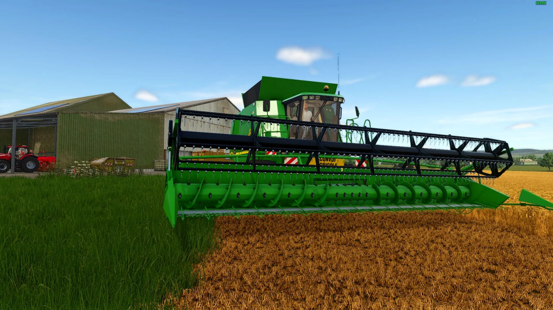 Farming Simulator 25 mod featuring the John Deere 9780 CTS harvesting equipment in a lush field.
