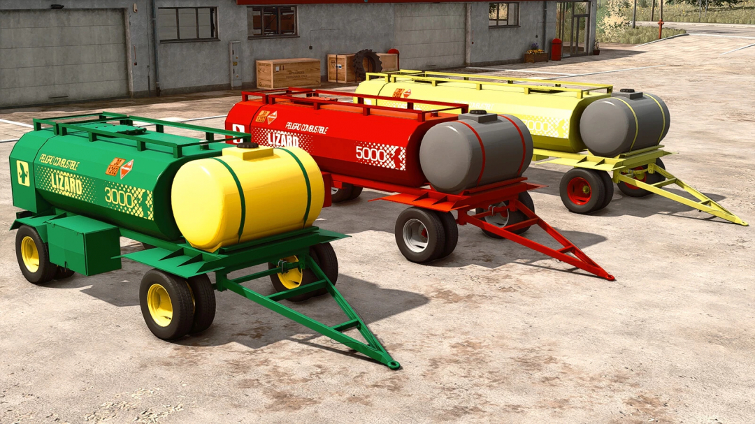 Three colorful fuel tanks mods for Farming Simulator 25, labeled 'Lizard' with capacities of 3000L, 5000L, and 2000L, parked outdoors.