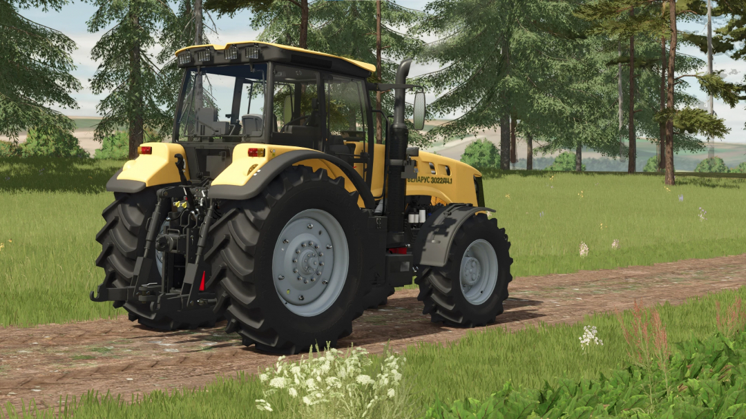 Farming Simulator 25 mod: MTZ-3022 DC.1 tractor breaking a dirt path in a grassy field surrounded by trees.
