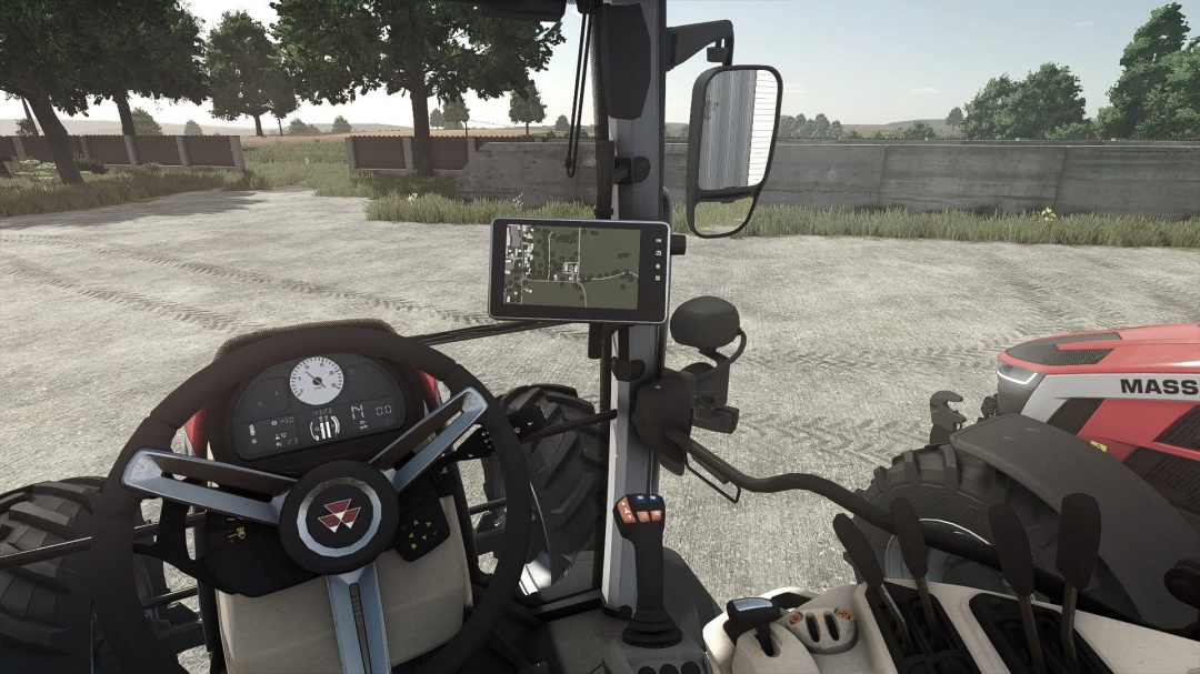 Interior view of a Massey Ferguson tractor in Farming Simulator 25, showing the steering wheel, dashboard, and navigation screen.