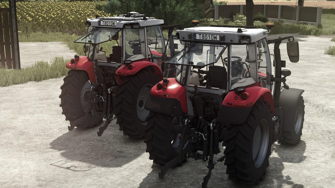 Two Massey Ferguson 5S tractors with detailed cab interiors in Farming Simulator 25, showcasing realistic mods for farming gameplay.