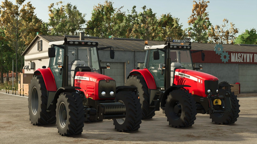 Two Massey Ferguson 6480 tractors in a farmyard, showcasing FS25 mods, with a warehouse and trees in the background.