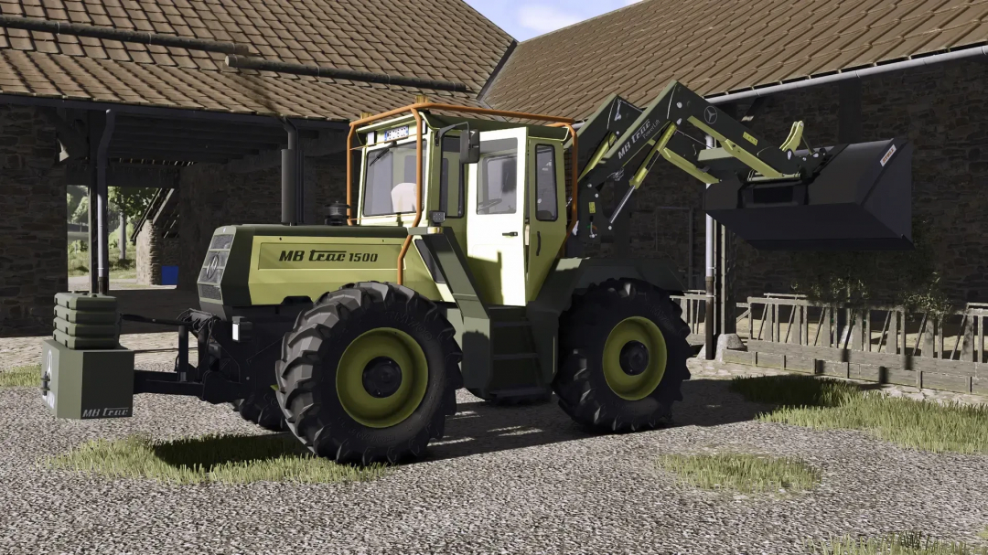 Mercedes Benz MB Trac 1500 mod in FS25, displaying a green tractor with a front loader in a farm setting.