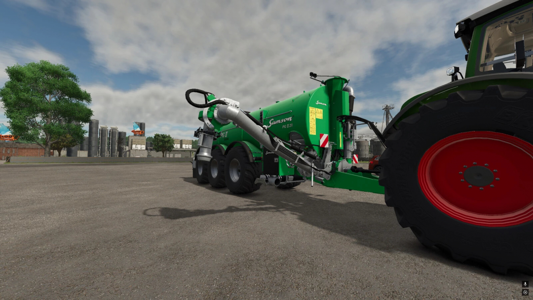 Farming Simulator 25 farm equipment mod, PG II 28 Genesis v1.0.0.0, green and black machinery with large tires, on a farm yard.