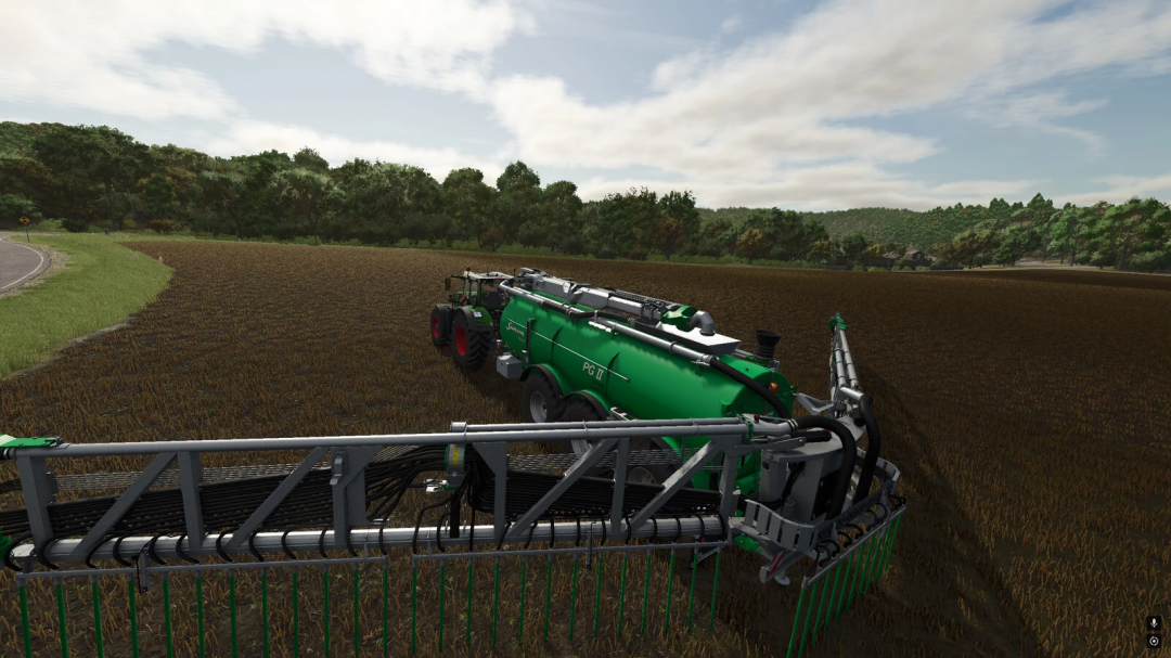 Farming Simulator 25 mod: PG II 28 Genesis v1.0.0.0, a green agricultural slurry tank working in a farm field.