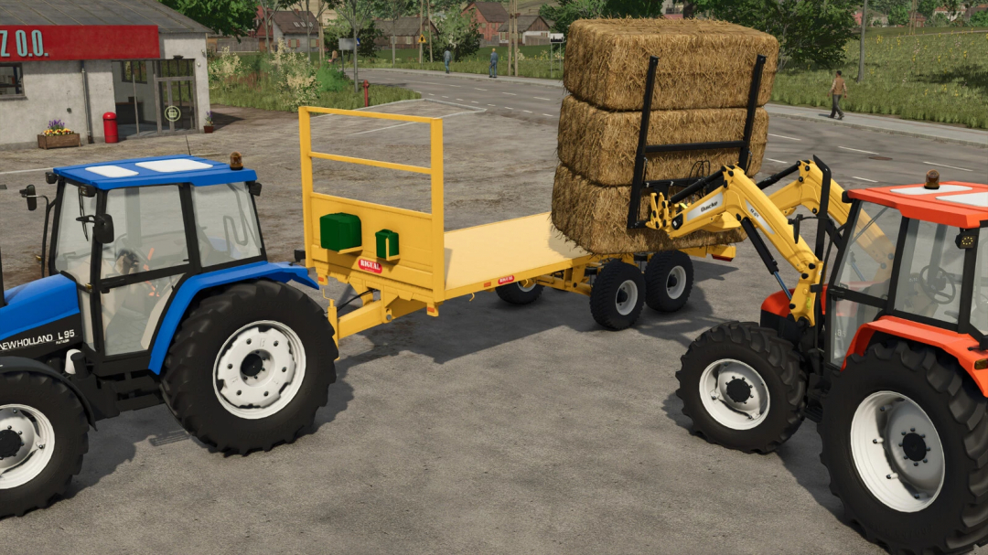 Farming Simulator 25: Two tractors loading hay bales onto a yellow trailer with a front loader attachment, part of FS25 mods.