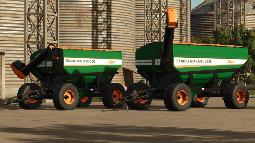 Farming Simulator 25 mods: Stara Ninja 24000 and 40000 seeders in a farm setting with grain silos in the background.