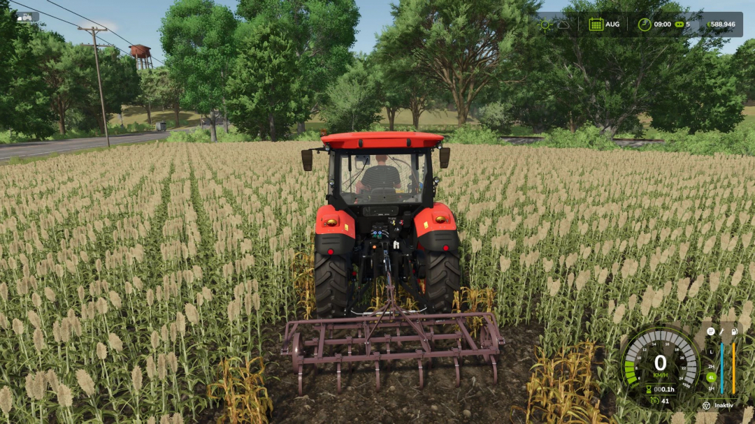 Farming Simulator 25 mod: a tractor working in a cornfield with a cultivator attachment, captured from the rear view in FS25.