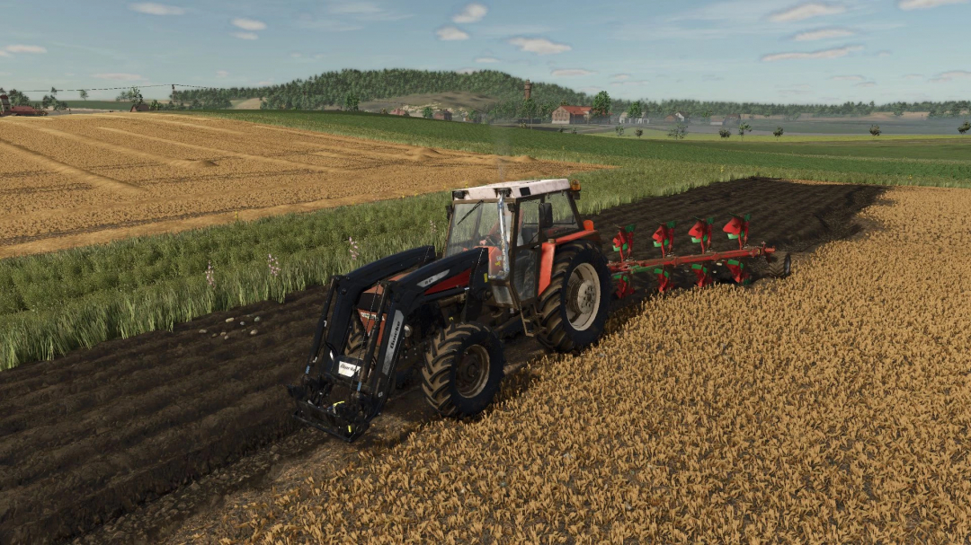 FS25 Ursus 6cyl 4x4 Turbo v1.0.0.1 mod tractor plowing a field.