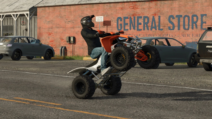 fs25-mods,  A person performing a wheelie on a dirt bike in front of a store, with cars parked nearby, in Farming Simulator 25 mods with the Lizard AGT 450.