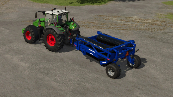 fs25-mods,  Farming Simulator 25 mod: Green tractor with red wheels towing a blue PowerRoll 1230 HD v1.0.0.0 for soil cultivation.