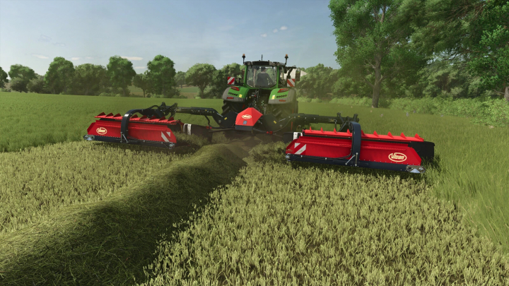 fs25-mods, Farming Simulator 25 mod: Vicon EXTRA Pack v1.0.0.0, a tractor with red Vicon hay equipment working on a green field.