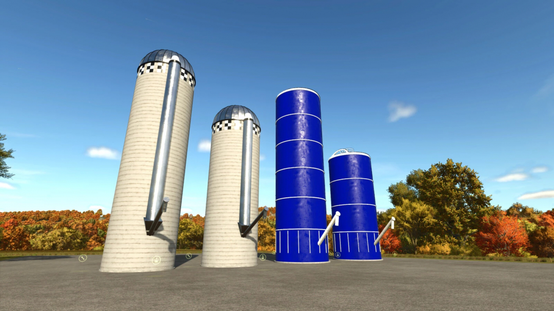 Farming Simulator 25 mods: Image of white and blue silos, part of the American Silos Production Pack v1.0.0.0 in Farming Simulator 25.