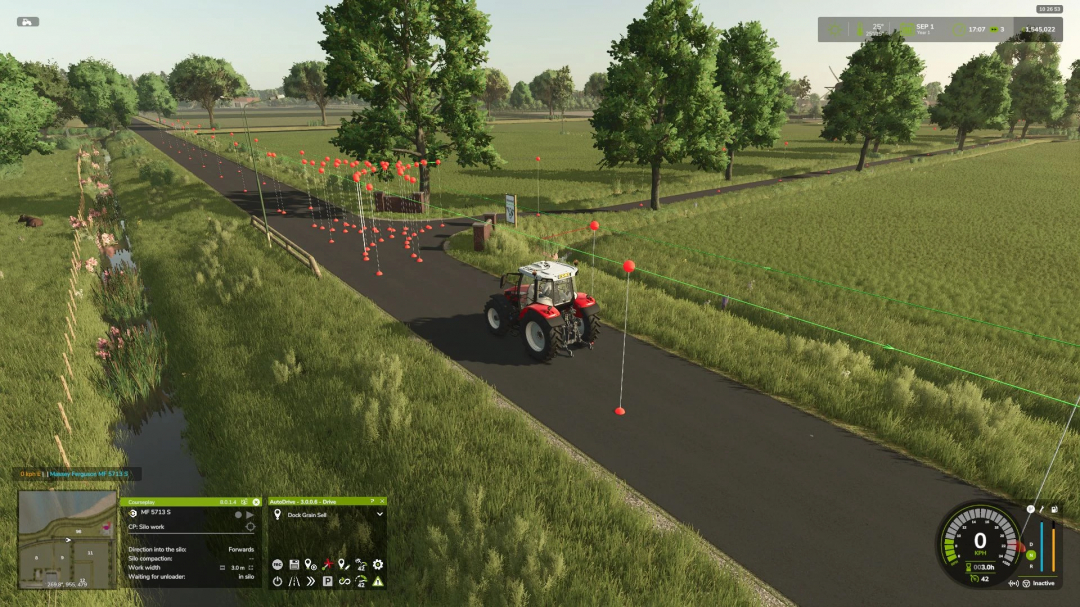 Farming Simulator 25 mod: AutoDrive Rottumer Island v1.0.0.0, featuring a tractor on a farm road with auto-guidance lines and balloons for navigation.