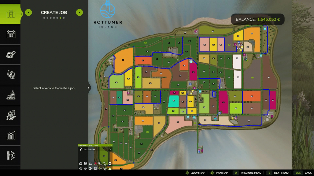 Farming Simulator 25 mod map of Rottumer Island with pathways for AutoDrive, showing different colored fields and game controls.