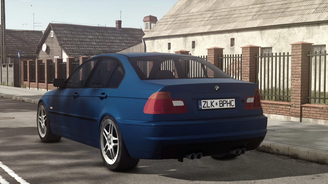 Blue BMW E46 car mod from Farming Simulator 25, detailed vehicle in a residential street setting, part of FS25 mods.