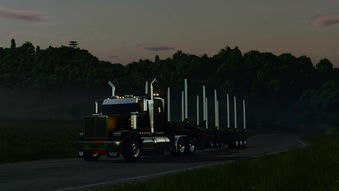 FS25 mod featuring a black log trailer on the road during dusk or dawn, part of Farming Simulator 25 mods, BWS Log Trailer v1.0.0.0.