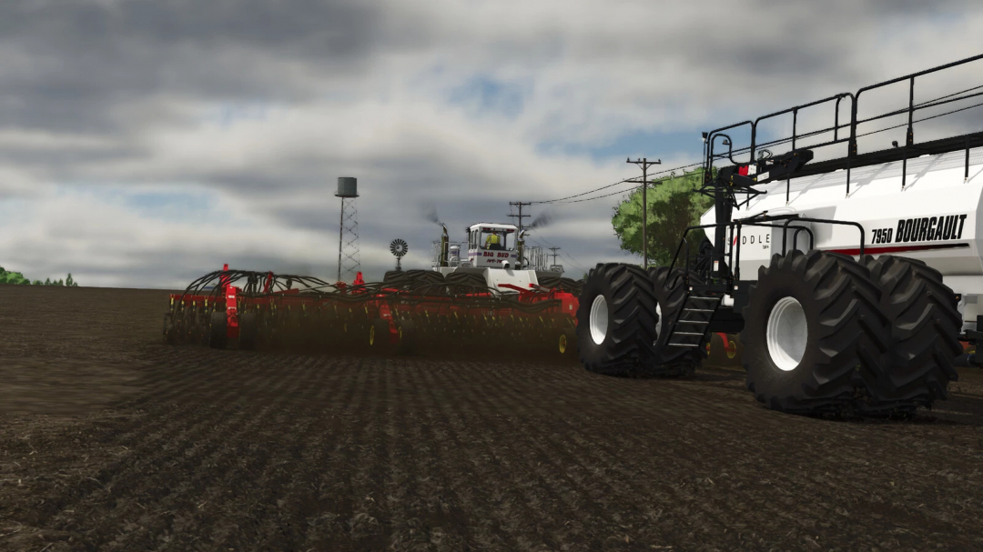 Farming Simulator 25 mods: Bourgault 3320-76 Paralink Hoe Drill with 7950 Air Cart working in a field.