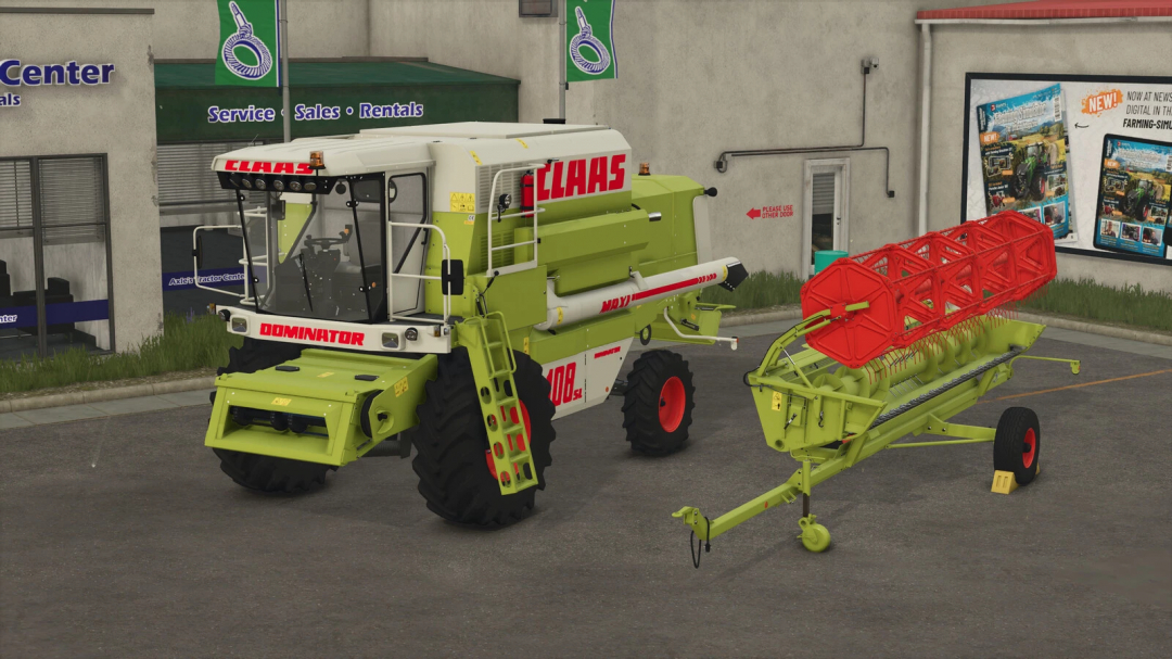 Claas Dominator 108 harvesters mod from Farming Simulator 25, featuring bright green equipment with red detailing, parked outside a service center.