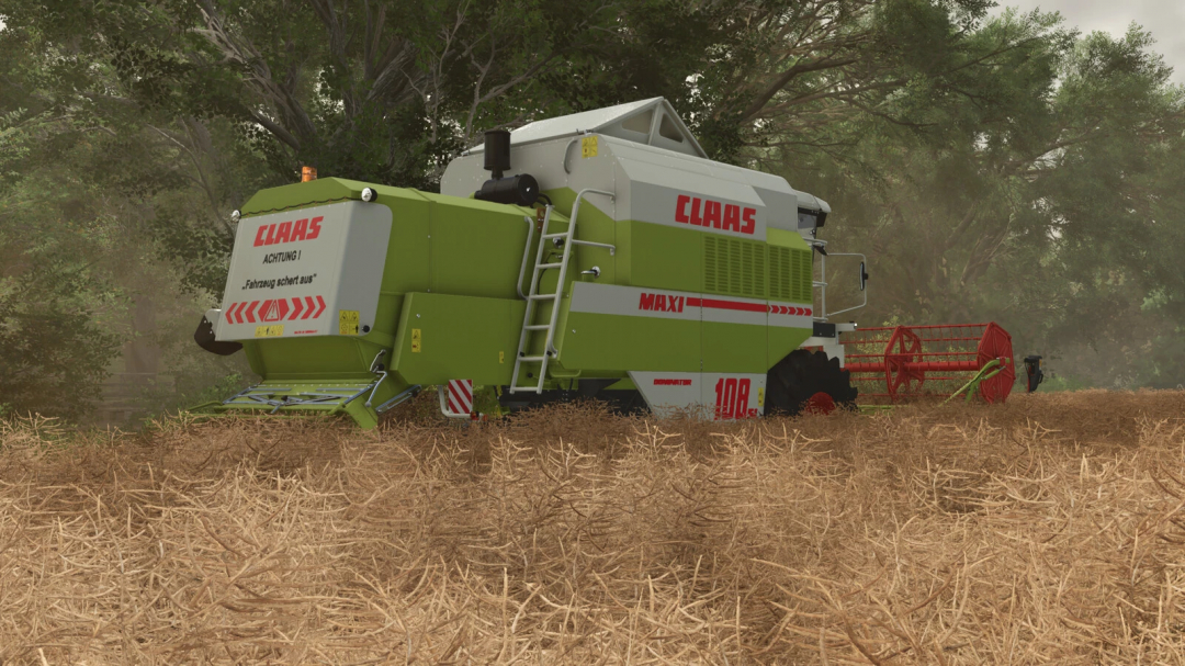 Farming Simulator 25 mod: Claas Dominator 108 forage harvester in a field with trees in the background.