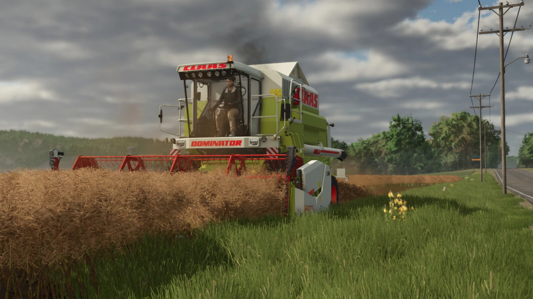 Farming Simulator 25 mod featuring a Claas Dominator 108 harvester working in a field under cloudy skies.