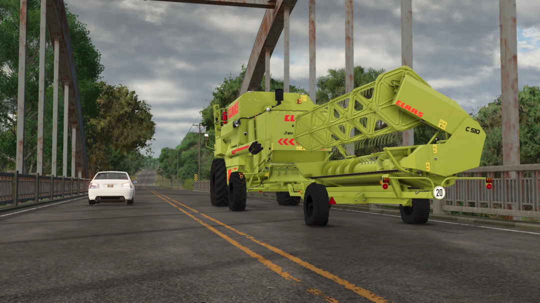 Claas Dominator 108 harvesting machine mod in Farming Simulator 25, on a rural bridge, with a car ahead.