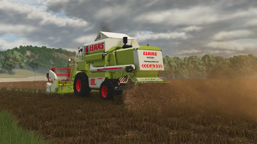 Farming Simulator 25 mod: Claas Dominator 108 harvesting crops in a field with a cloudy sky.
