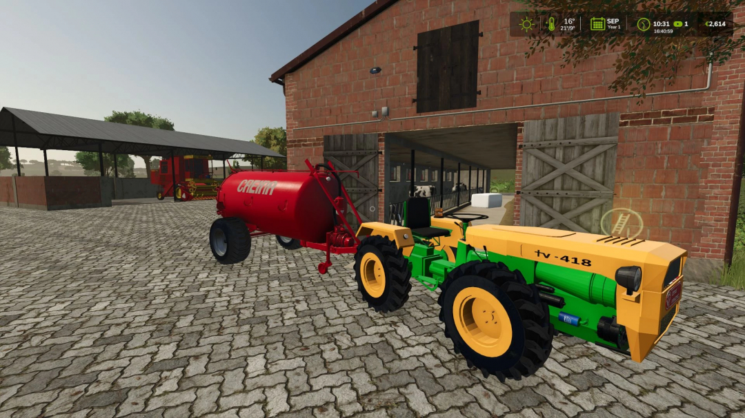 Farming Simulator 25 mod featuring a yellow TV-418 tractor with a red CAEM tank attachment on a farmyard cobblestone ground.